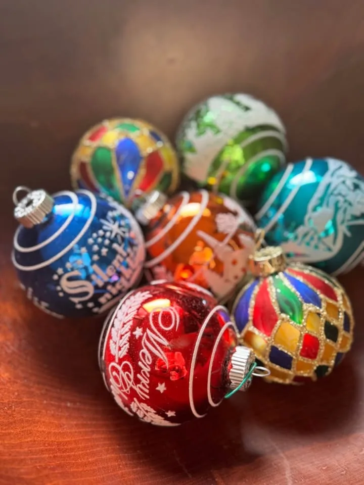 Vintage Christmas Ornaments - Set of 7 Blown Glass Balls, Retro