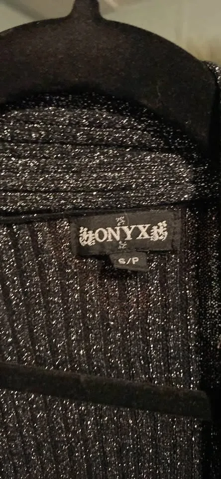 Shimmery Onyx Longline Cardigan – Elegant Metallic Knit. $40/OBO image indicator(3)