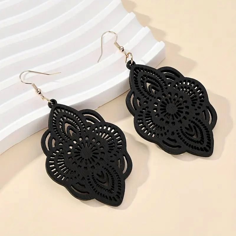 Black Wooden Lace Dangle Earrings with Floral Cutouts