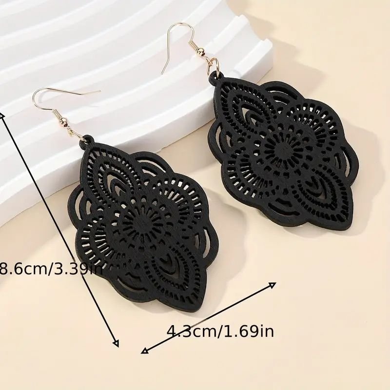 Black Wooden Lace Dangle Earrings with Floral Cutouts - photo 2
