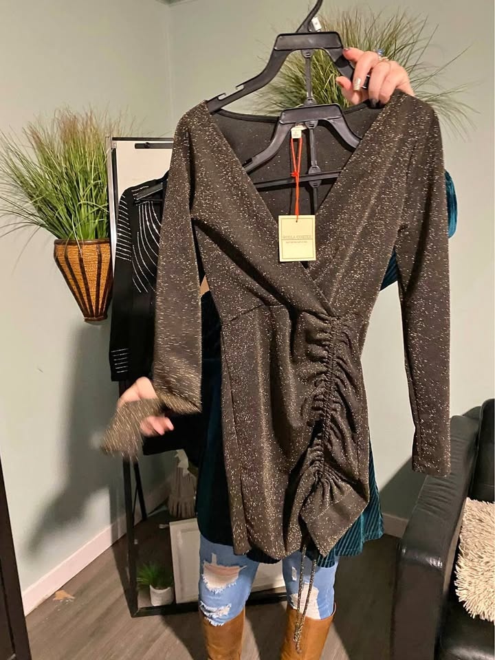 Rolla Coster Black/bronze Glitter Ruched Mini Dress, Size Small.