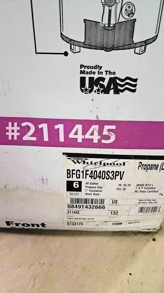 Whirlpool 40 Gallon Liquid Propane water heater