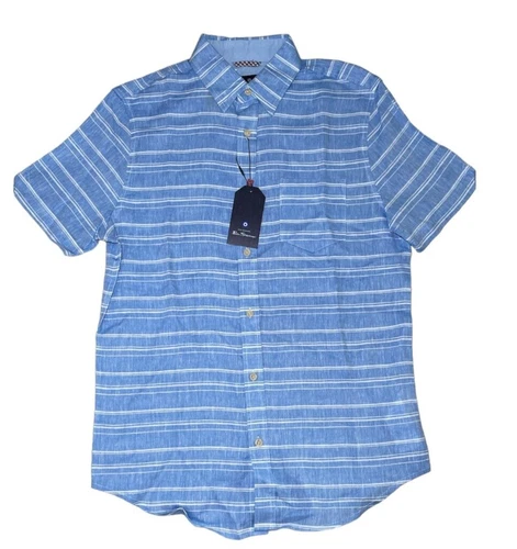 Ben Sherman blue and white linen blend short sleeve button down