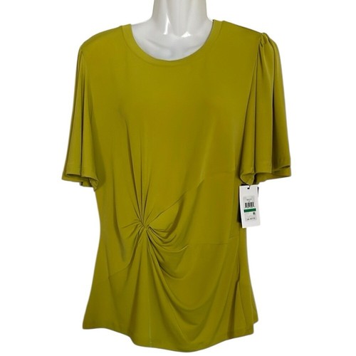 DKNY Yellow/Green Ruched Flared Short Sleeve Blouse sz L