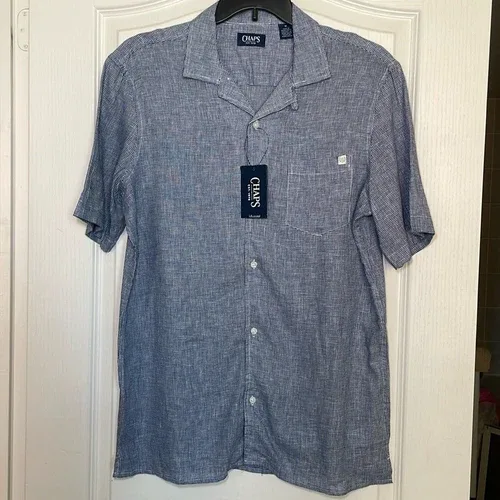 Chaps navy and white houndstooth button down linen blend shirt s