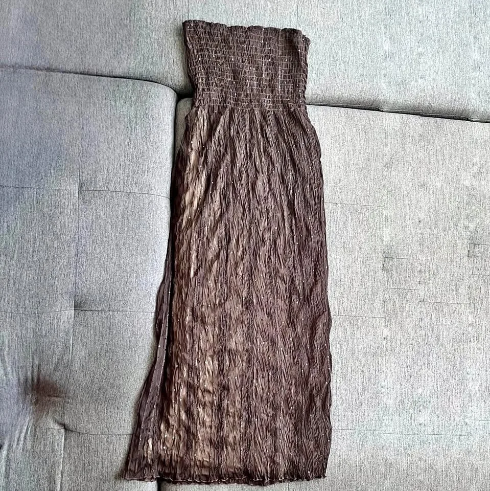 BROWN SMOCKED TUBE MAXI DRESS WITH SEQUIN DETAILS