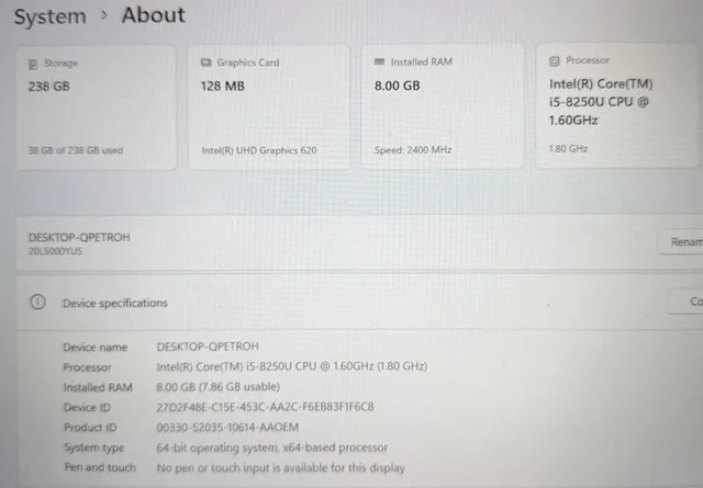 Lenovo T480 Laptop - i5-8250U 8GB RAM 256GB SSD HDMI Win11 image indicator(5)