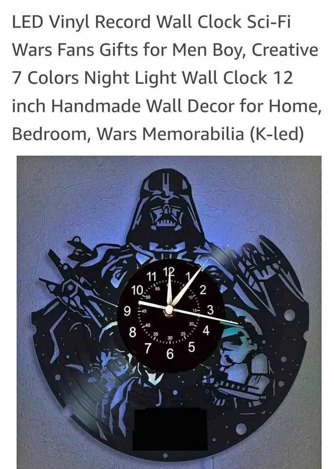 STAR WARS DARTH VADER BRAND NEW 7 COLOUR LED VINYL RECORD CLOCK