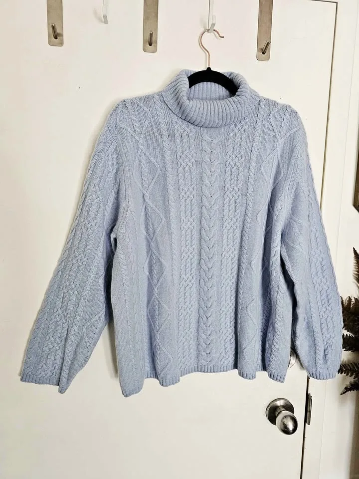 Size 1X 100% Cashmere New Cable Knit Light Blue Sweater