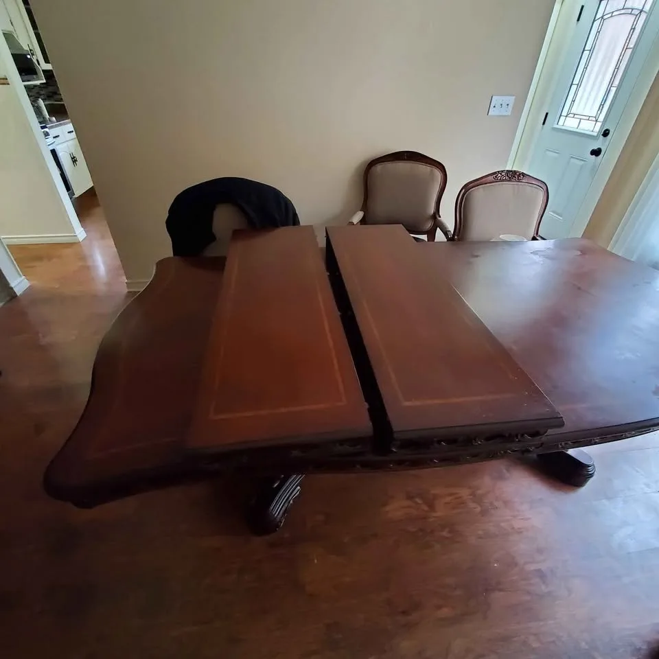 Antique Dining Table Set – 6 Chairs, 2 Leaves, Ornate Carved Woo image indicator(8)