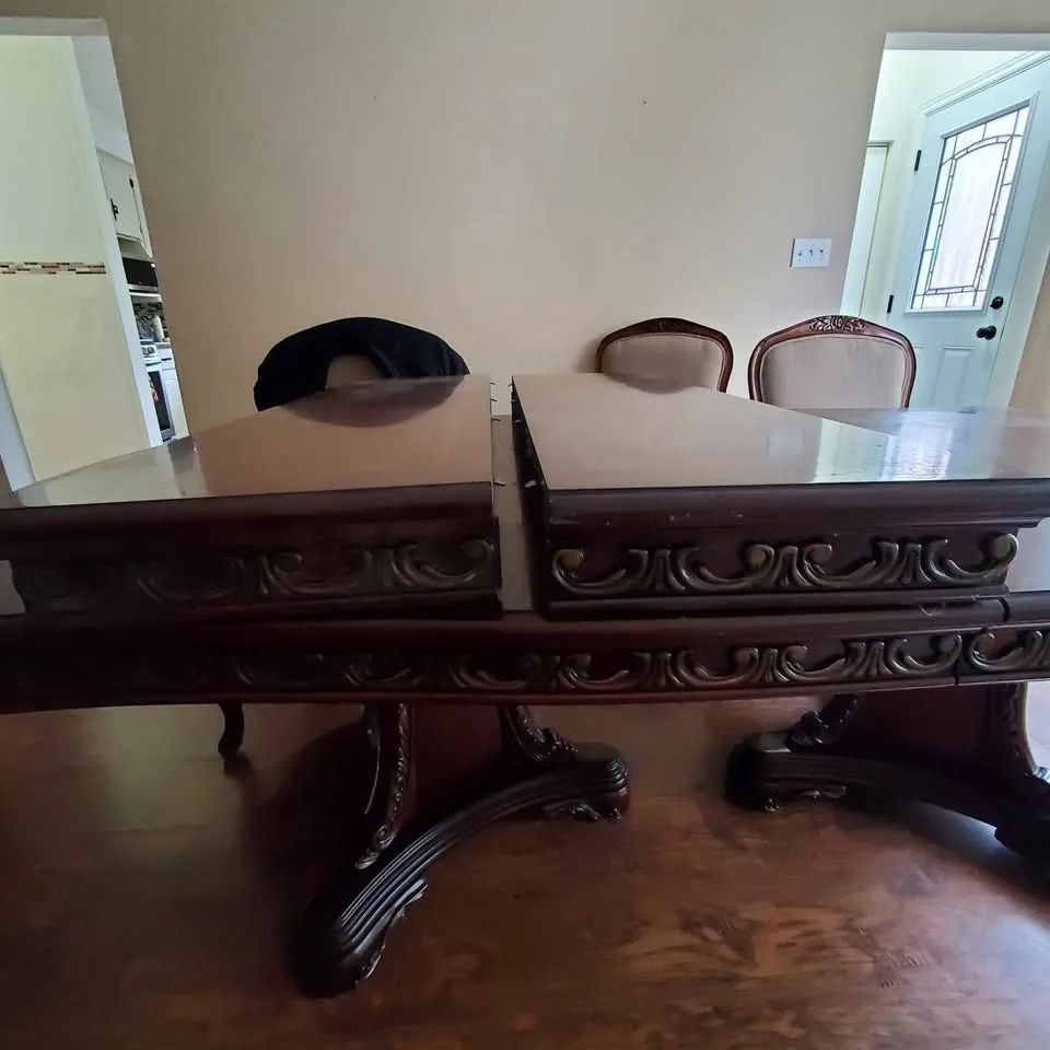 Antique Dining Table Set – 6 Chairs, 2 Leaves, Ornate Carved Woo image indicator(9)