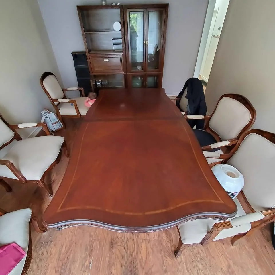 Antique Dining Table Set – 6 Chairs, 2 Leaves, Ornate Carved Woo image indicator(10)