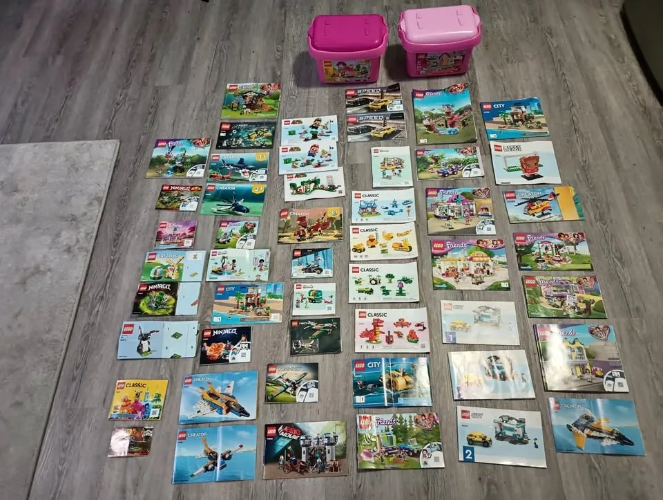 Lot of 50 Lego Building Instruction Manuals & 2 Containers