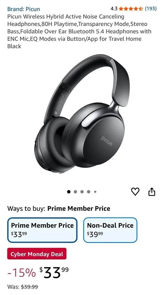 New Picun NC60 Wireless Hybrid ANC Headphones, 80H