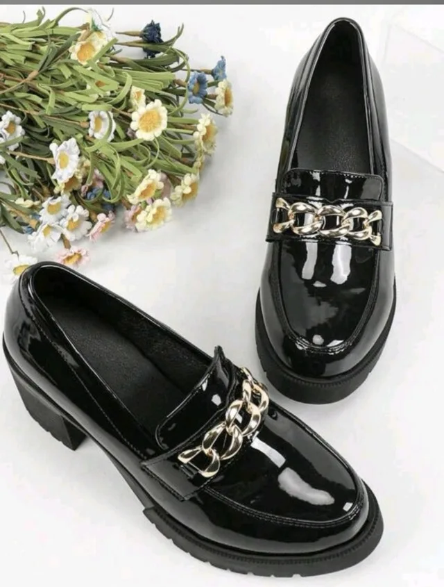 Faux Black Patent Leather Loafers with Gold Chain