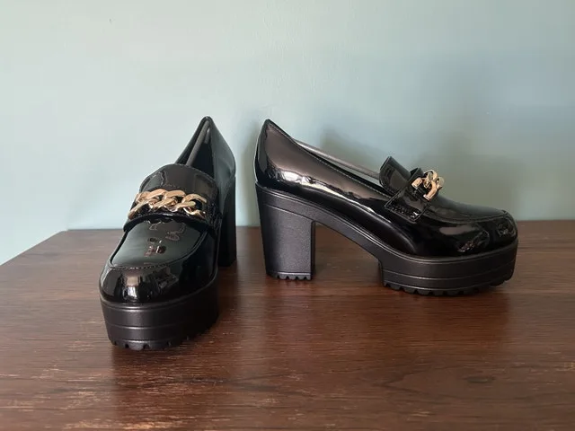 Faux Black Patent Leather Loafers with Gold Chain image indicator(3)
