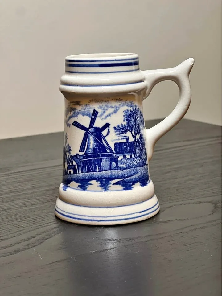 Beer Stein Small Delft Style Blue & White Windmill 4.25”