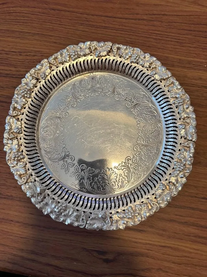 Antique Silver On Copper Round Pierced Tray