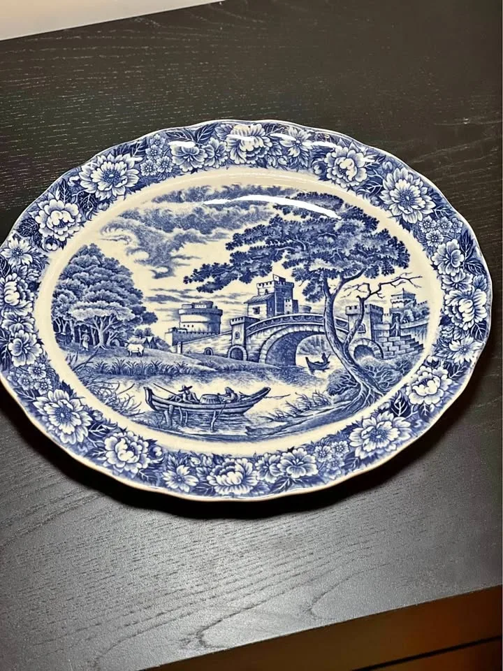 Vintage Japanese Oval Platter Blue & White 11 X 13.5 Pre-owned