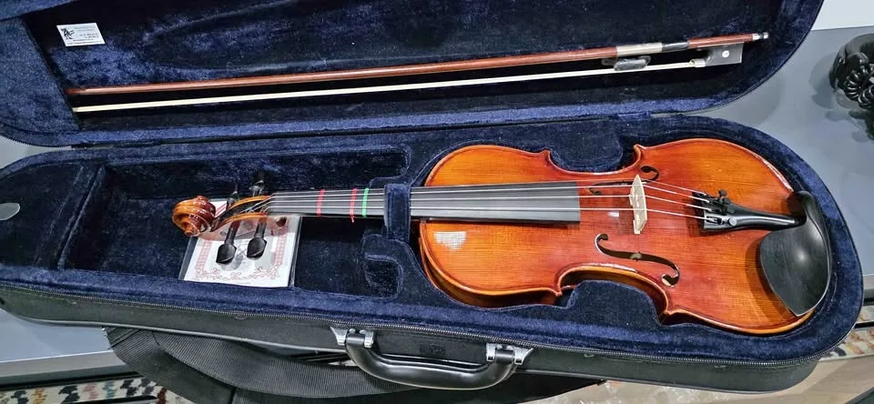 Violin, bow case and chin and shoulder rest