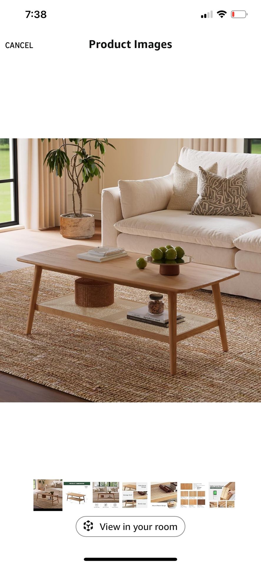 Solid Wood Oak Coffee Table with Rattan Shelf 47.24” L