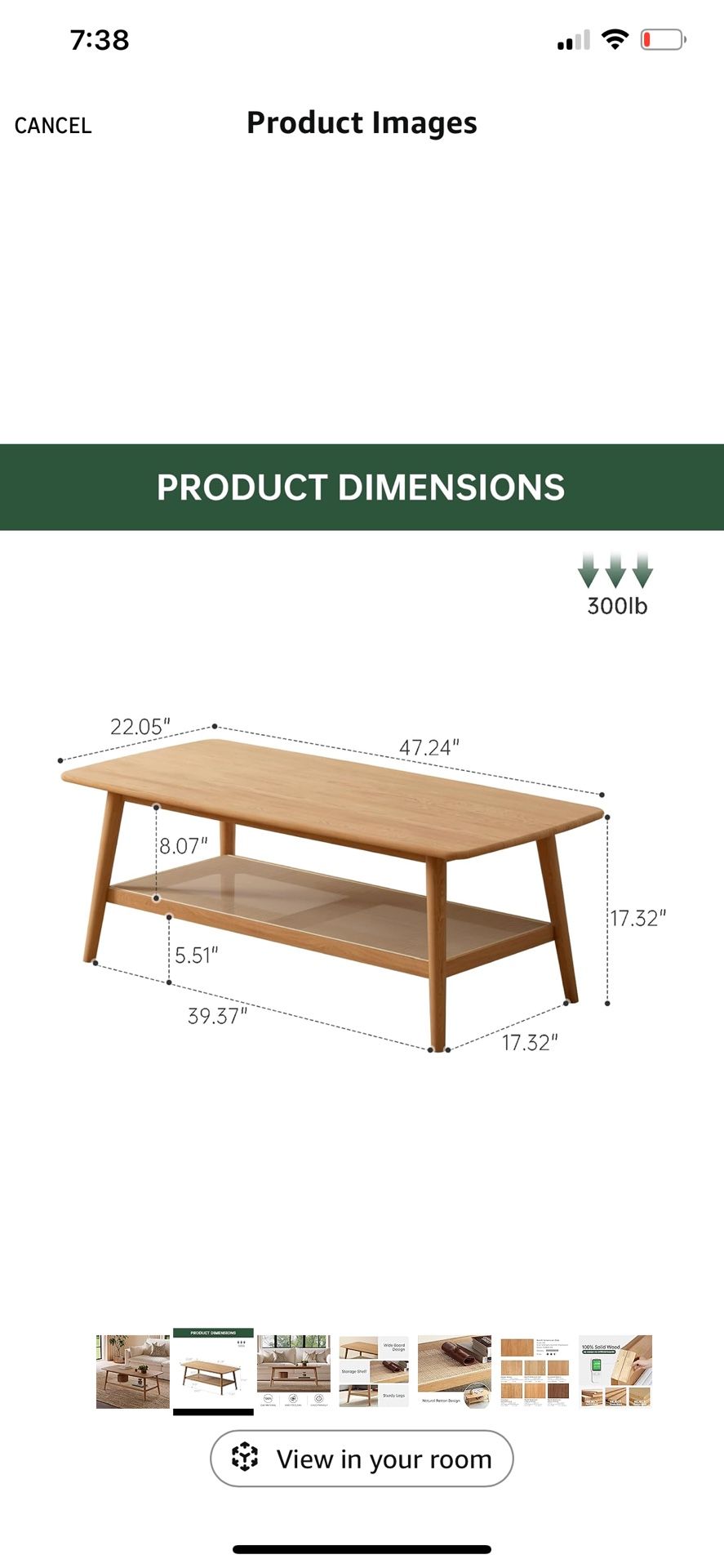 Solid Wood Oak Coffee Table with Rattan Shelf 47.24” L - photo 2