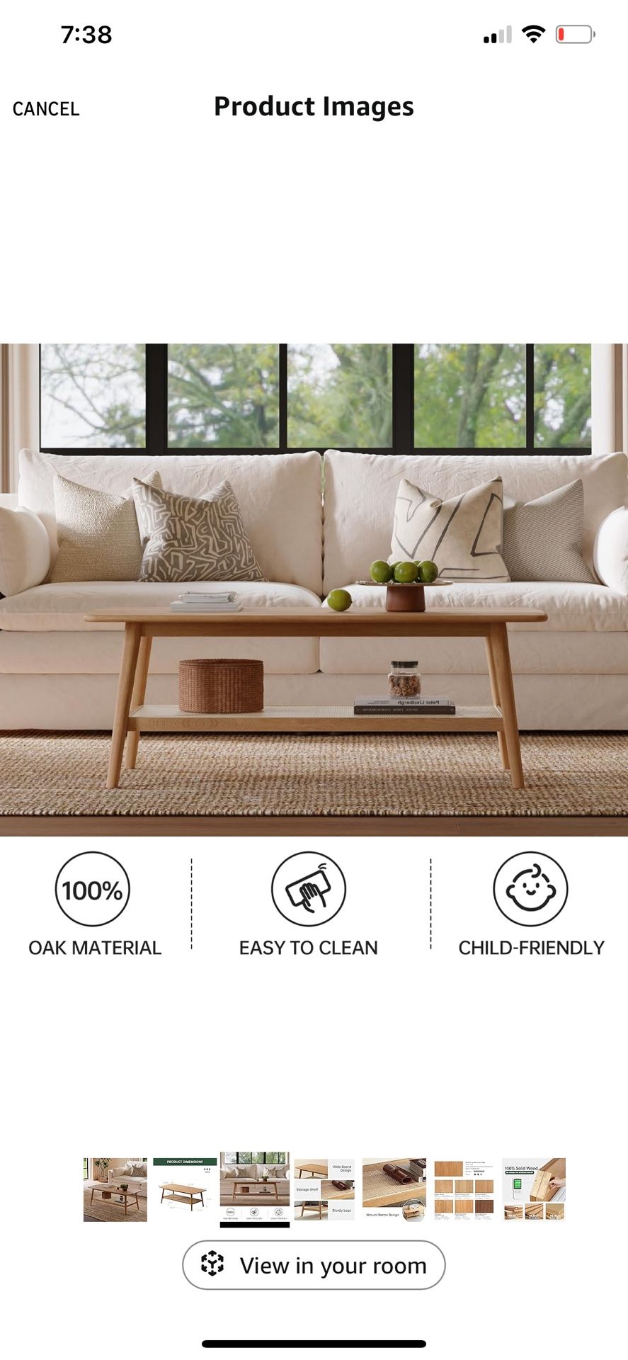 Solid Wood Oak Coffee Table with Rattan Shelf 47.24” L - photo 3