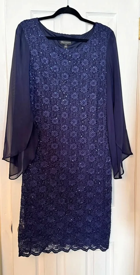 Connected Apparel - Navy Cape Sleeve Lace Sheath Dress