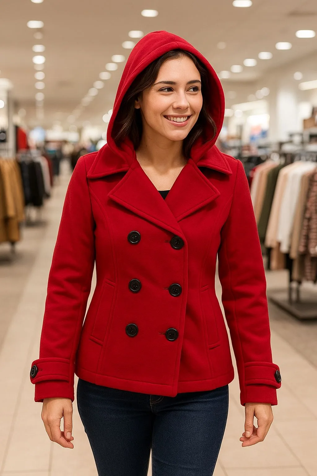 Sebby Collection Women’s Red Hooded Peacoat – Size Medium image indicator(2)