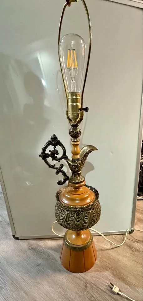 Antique MCM heavy ornate brass pitcher table lamp