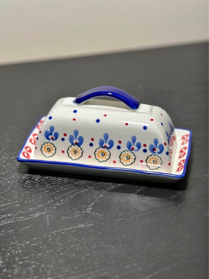 Gypsy Signature Butter Dish Red Burgundy & Blue Floral & Dots