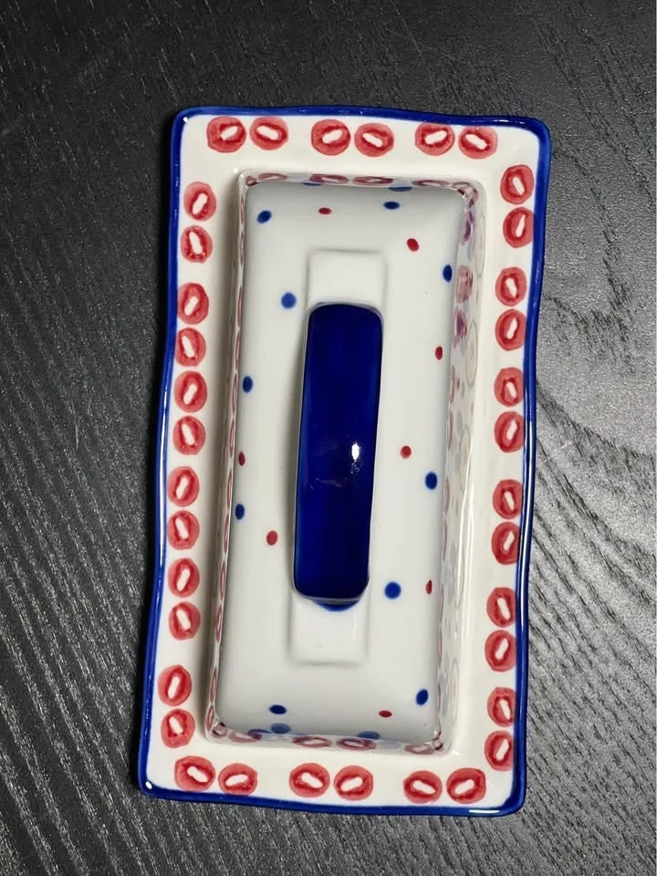 Gypsy Signature Butter Dish Red Burgundy & Blue Floral & Dots image indicator(3)