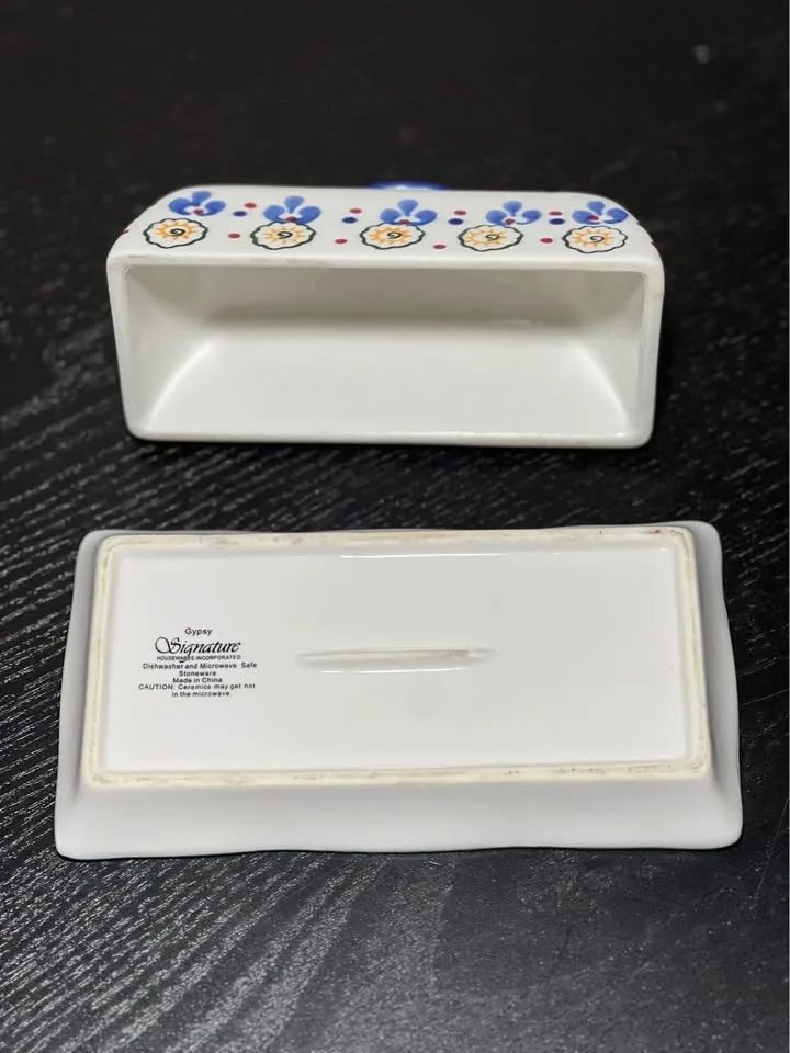 Gypsy Signature Butter Dish Red Burgundy & Blue Floral & Dots image indicator(5)