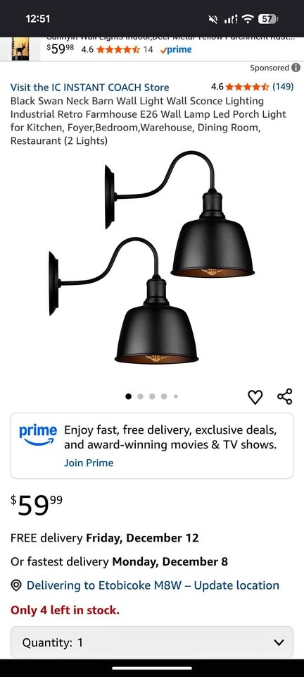 IC INSTANT COACH Wall Sconce Light (New)