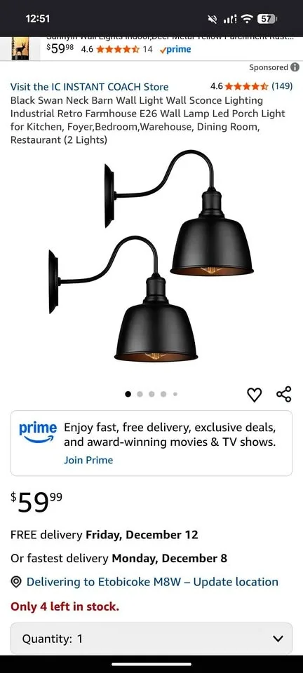 IC INSTANT COACH Wall Sconce Light (New)