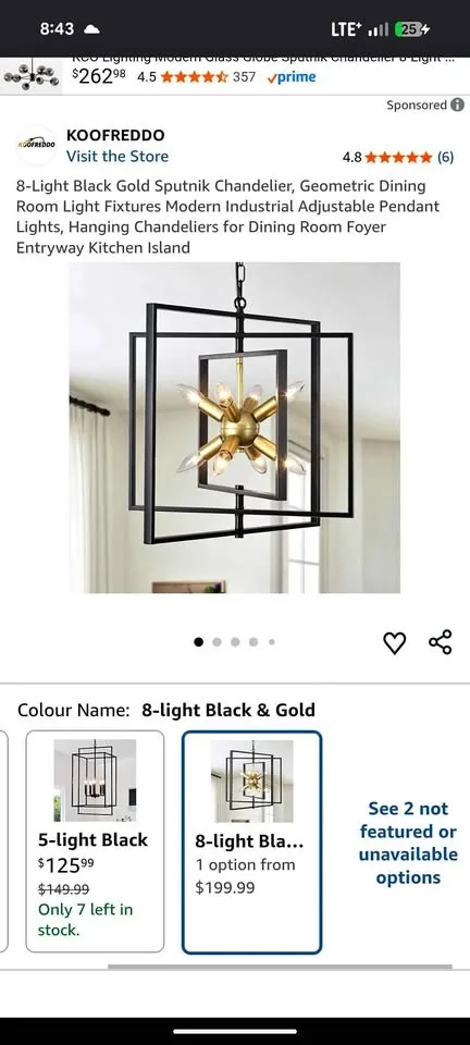 8-Light Sputnik Chandelier - Black/Gold - New in Box