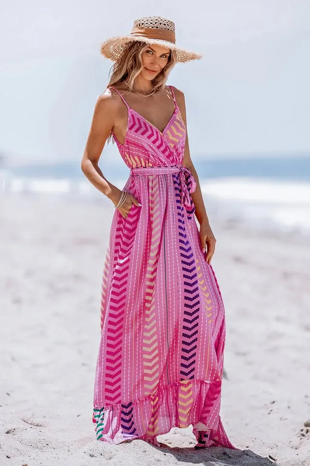 *NEW* (M) CUPSHE Pink V-Neck Belted Maxi Dress thumbnail