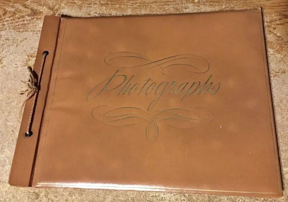 VINTAGE PHOTO ALBUM 14" X 11" TAN STRING CLOSING