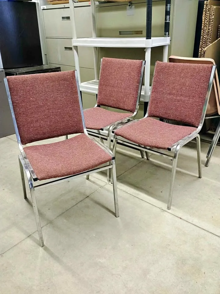 Burgundy Flecked Cloth Stacking Chairs - 3 Available
