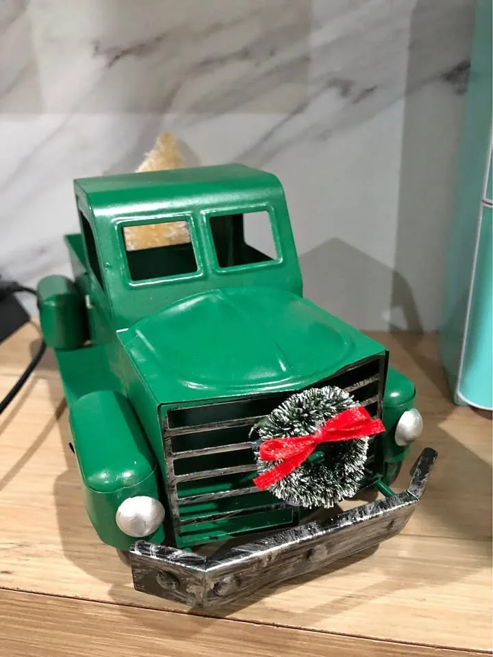 Charming Green Vintage Metal Truck with Christmas Tree - Holiday