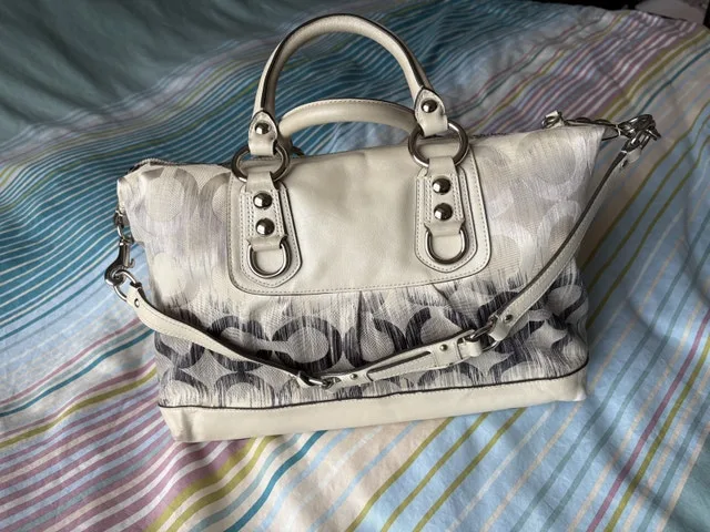 RARE COACH Pearl Silver Blue Multi Op Art Sabrina Satchel image indicator(2)