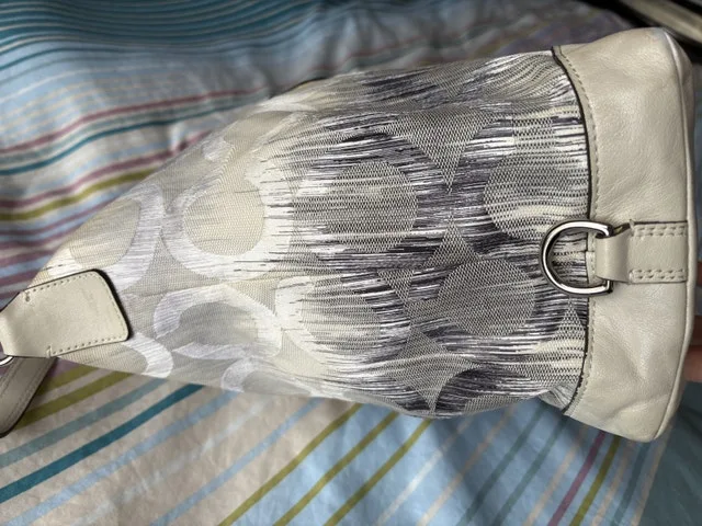 RARE COACH Pearl Silver Blue Multi Op Art Sabrina Satchel image indicator(4)