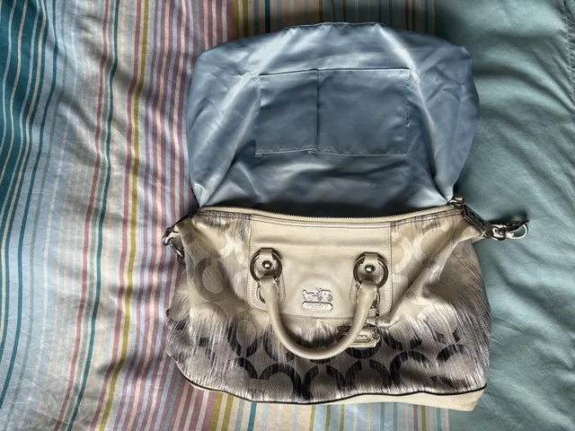 RARE COACH Pearl Silver Blue Multi Op Art Sabrina Satchel image indicator(7)