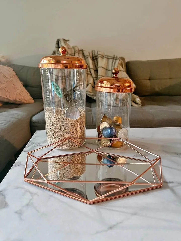 Rose Gold Glass Jars & Mirror Tray