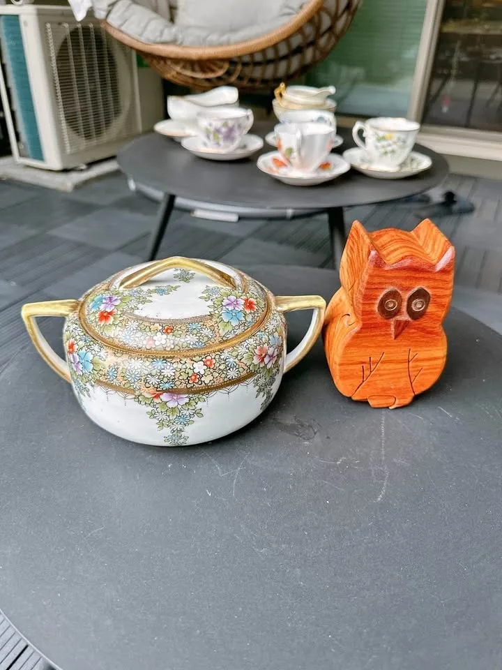 Wooden Owl Puzzle Box & Vintage Hand Painted Jar