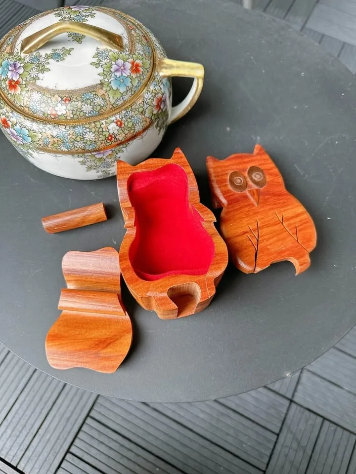 Wooden Owl Puzzle Box & Vintage Hand Painted Jar image indicator(5)