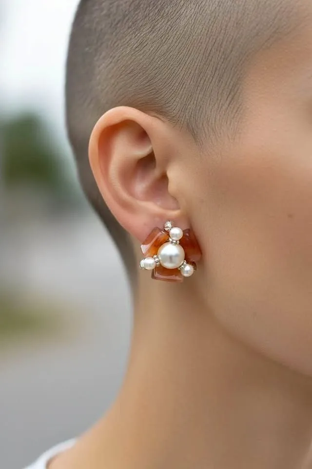 Mid-Century Clip-On Earrings: Amber & Pearl Starburst