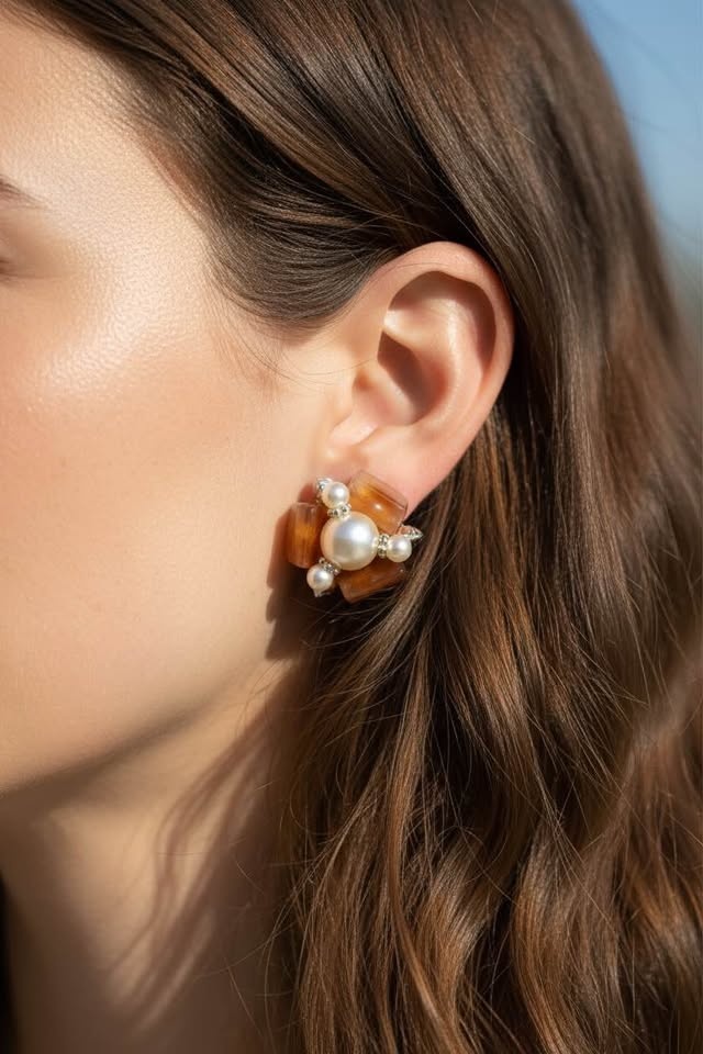Mid-Century Clip-On Earrings: Amber & Pearl Starburst - photo 4