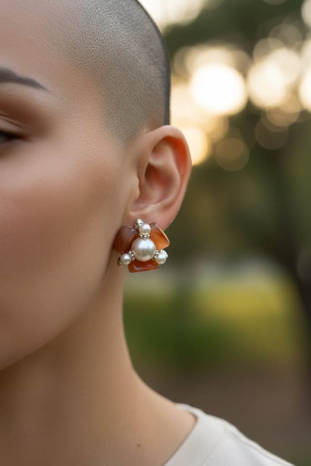 Mid-Century Clip-On Earrings: Amber & Pearl Starburst - photo 5