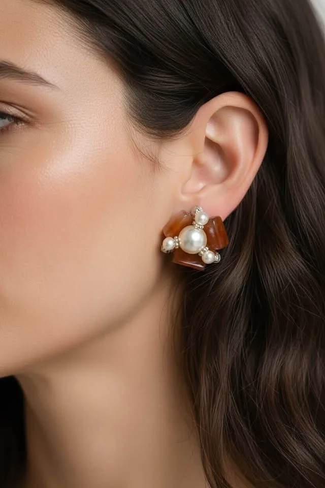 Mid-Century Clip-On Earrings: Amber & Pearl Starburst image indicator(10)